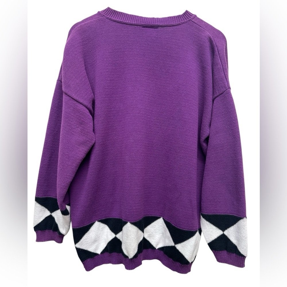 Vintage Sostanza Purple V-Neck Sweater with Geometric Pattern 80’s 90’s Retro - Picture 4 of 7